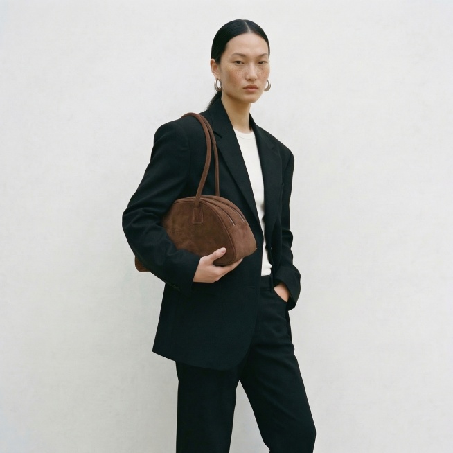 将第二张图中模特背的包替换为第一张图里的棕色麂皮双拉链长肩带手提包，保持模特姿态和画面整体风格不变，光影与环境融合自然预览效果