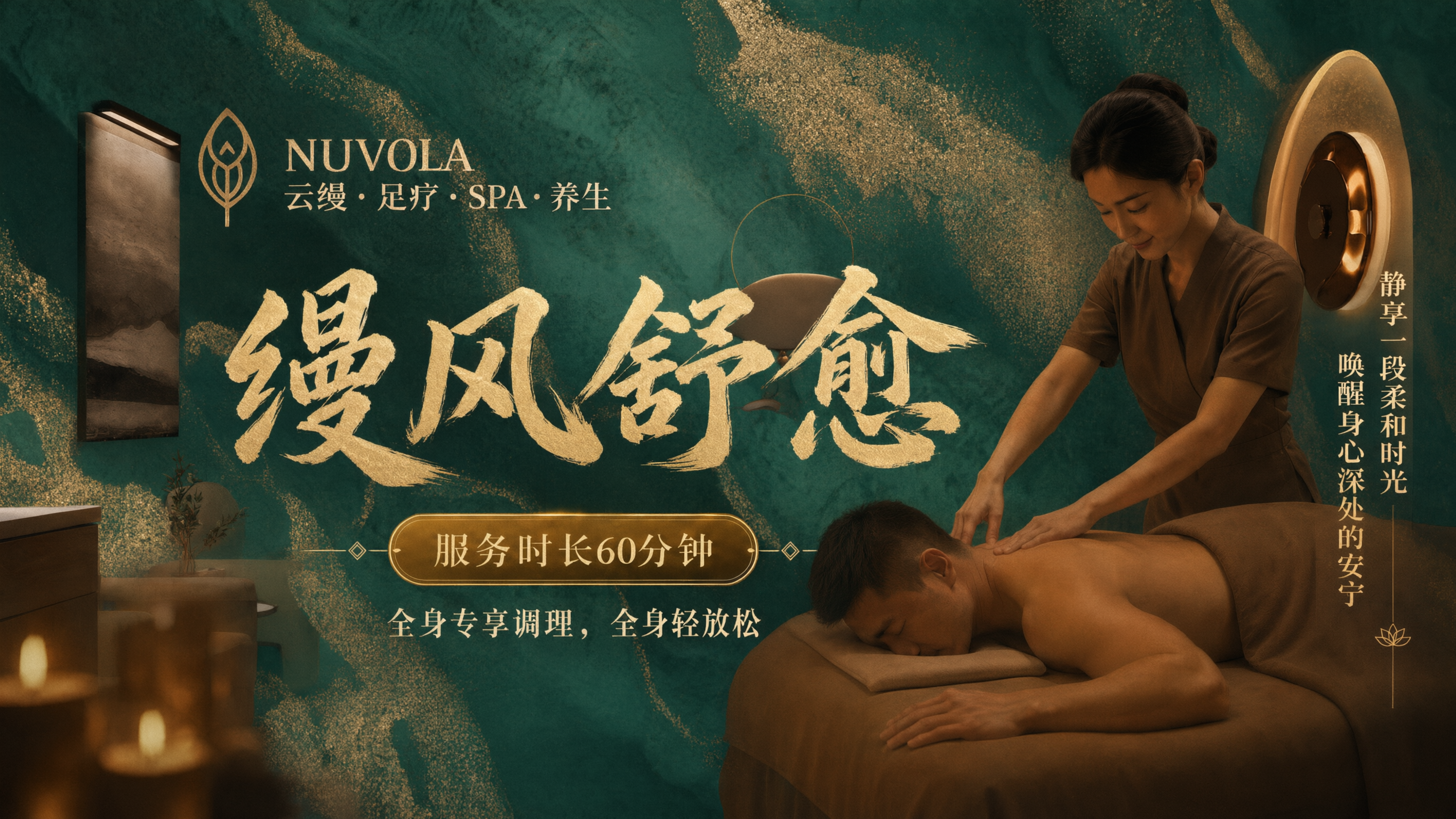 基于第一张图（NUVOLA云缦高端SPA按摩海报）进行整体调色… - 图片创意预览