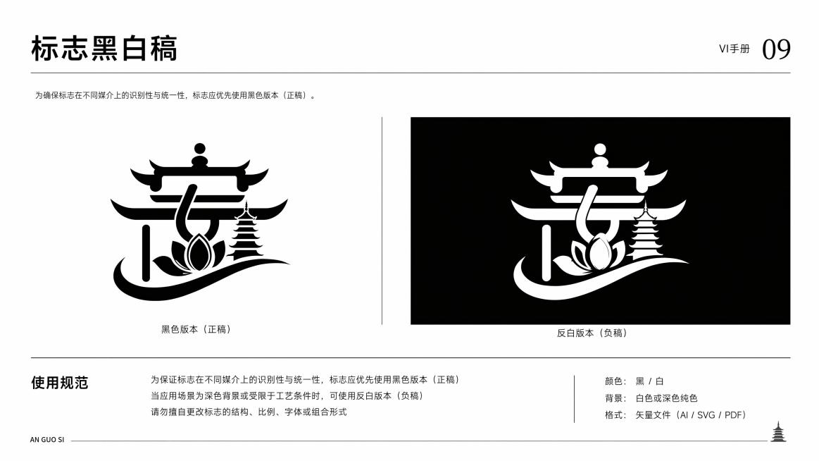 [标志黑白稿 修正版] 16:9横版VI手册页面，国际主义极简设计风格，保留原图左右分栏结构，修正错误：左右分栏仅单独展示安国寺标志logo的黑色版本和反白版本，移除IP形象和标准字，不将三个元素融合预览效果