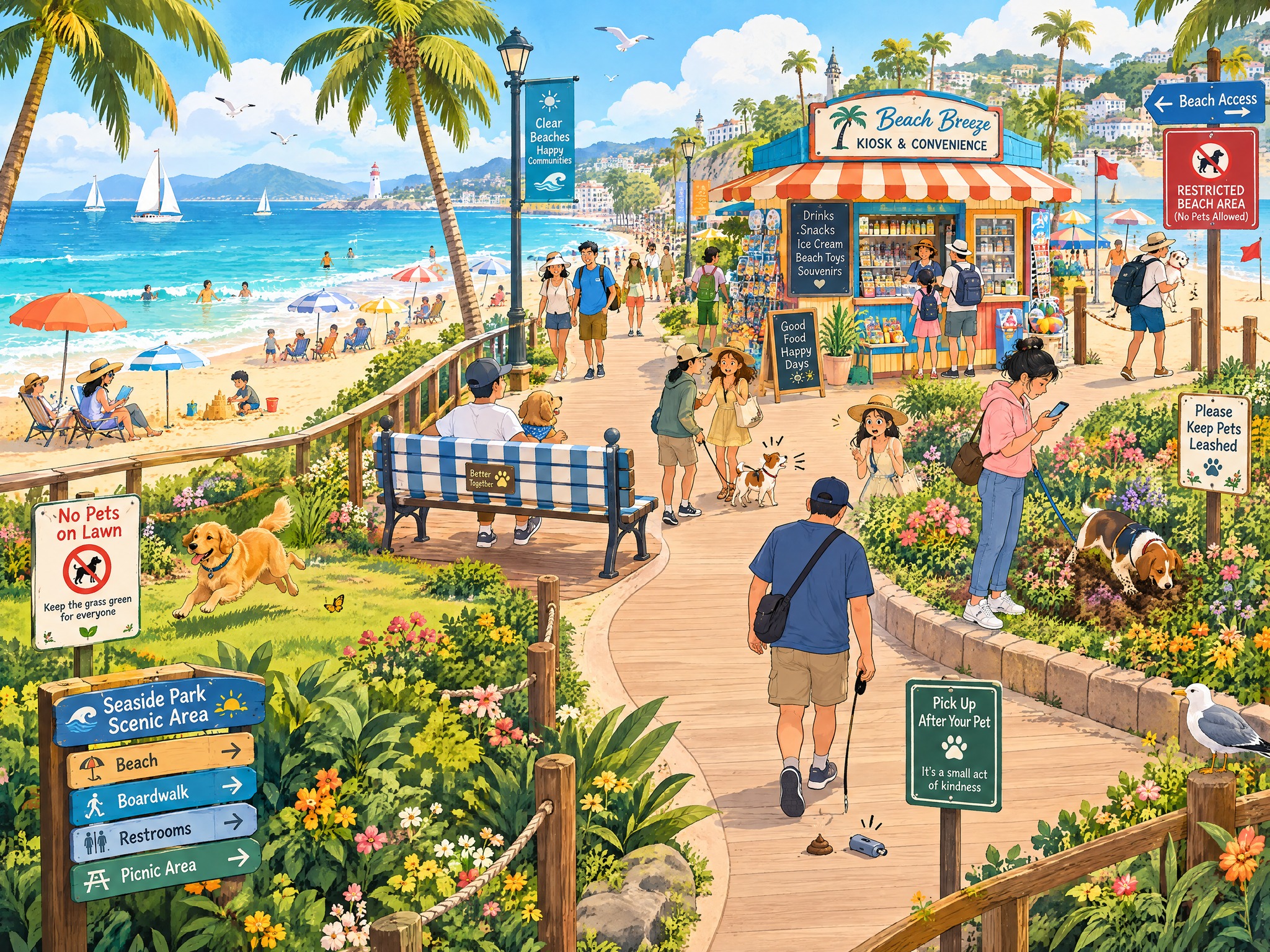 一张卡通插画风格的海滨公园景区场景图，文明养宠宣传主题，画面细… - 图片创意预览