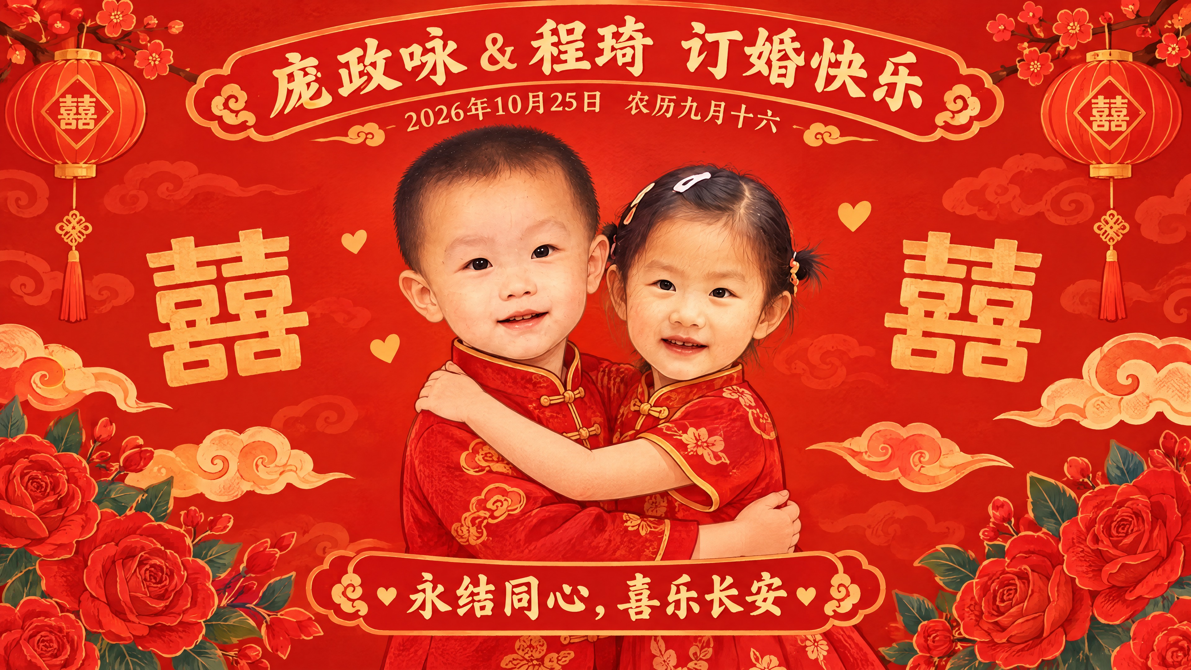 国潮卡通手绘风格订婚背景图，正红色背景，16:9横版。画面中央… - 图片创意预览