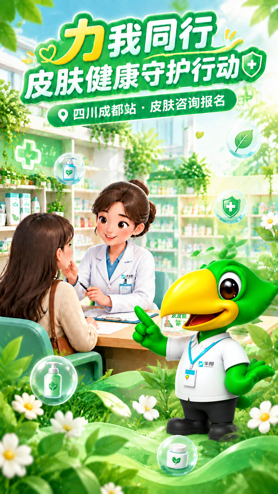将图1海报中的绿色啄木鸟吉祥物替换为图2中的吉祥物形象（图2形… - 图片创意预览