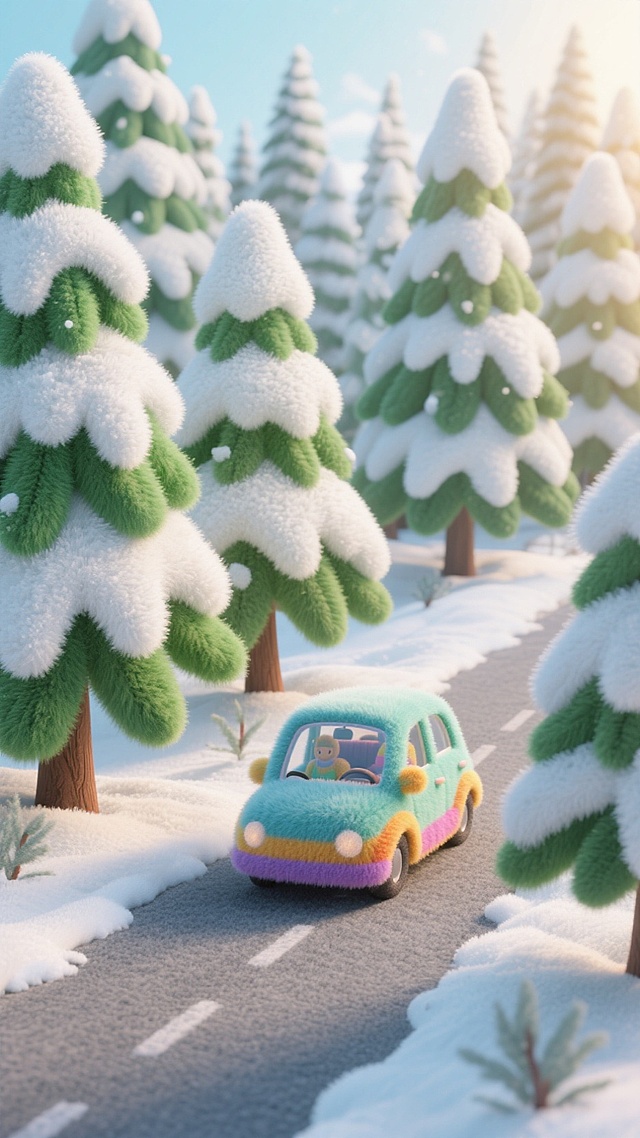 一片冬日森林场景，森林里有大量高大、呈塔形且叶片翠绿的树木，上面铺满厚厚的雪。在森林之中的马路上有一辆车辆缓慢开过