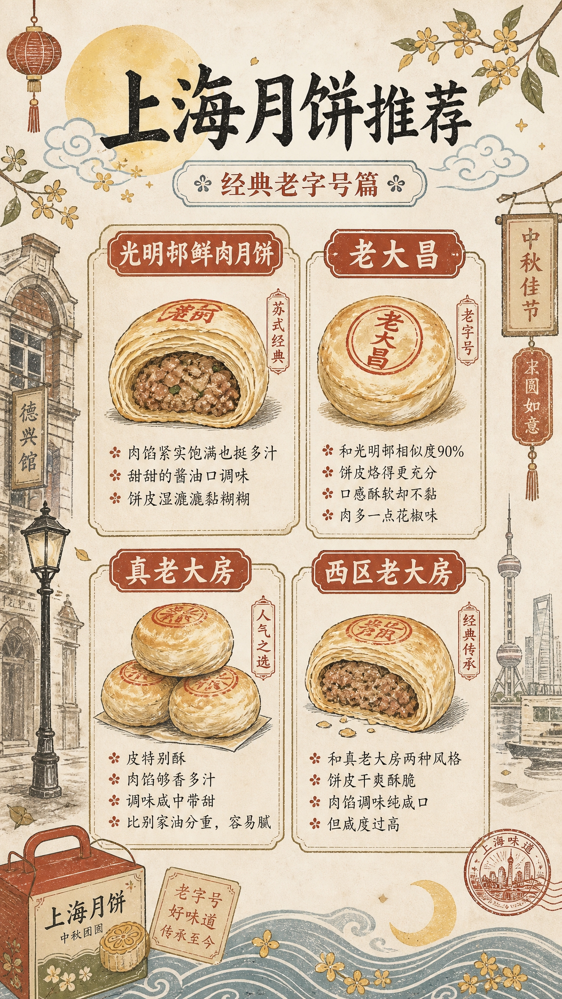 复古新中式手绘插画风格竖版手机长海报，主题为「上海月饼推荐」。… - 图片创意预览