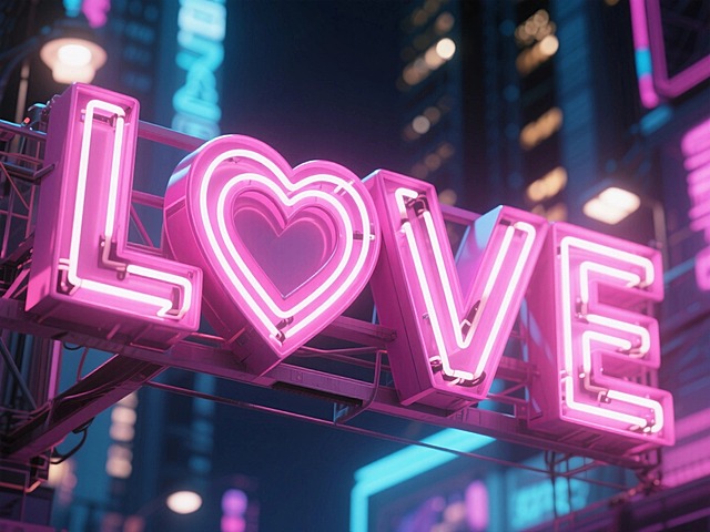 正面视角灯牌效果，城市夜间3D灯牌文字，文字内容为“LOVE“，美式街头，赛博朋克，文字配色为粉色系，爱心等元素装饰