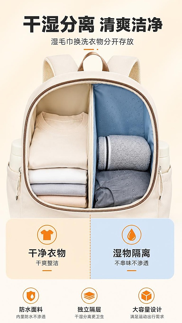 [商品] 使用【图1】米白色羽毛球双肩包；保留整体结构、颜色、材质、拉链、背带；展示主仓内部干湿分离隔层结构，一侧放置湿毛巾与换洗衣物，另一侧放置干净衣物，增强内部面料质感，不改变包的外部版型。
[画面] 目标：功能演示页，突出干湿分离隔层功能。构图：左右分栏展示内部结构，左侧干区右侧湿区，上方标题区。景别：中景内部特写。产品角度：主仓打开状态，正面视角展示内部隔层。背景：浅米白渐变底色，突出内部结构。
[视觉] 套系策略：风格=运动活力清新商业摄影；标题字=粗黑体大字；正文字=简洁无衬线体；主色=米白杏色；背景延展=浅米白渐变+蓝色（湿区）/米色（干区）分区卡片；强调色=活力橙，仅用于图标、标签和分隔线；标题色=深炭灰；正文色=中暖灰；组件=分区标注卡、水滴图标、衣物图标；光影=内部打光，干湿两区清晰分明。
[文字] 顶部主标题「干湿分离 清爽洁净」，副标题「湿毛巾换洗衣物分开存放」，左侧干区标注「干净衣物 干爽整洁」，右侧湿区标注「湿物隔离 不串味不渗透」，底部补充卖点：防水面料、独立隔层、大容量设计；文字全部横排。
[规格] 图片比例9:16竖版，4K分辨率，避免变形、错字、文字过小、内部结构失真。