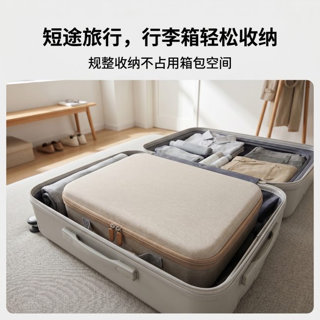 旅行行李箱收纳场景，严格还原上传的产品图，包括包装设计、颜色、LOGO 位置、文字内容、图案元素等所有细节；产品外观必须与参考图完全一致，不得改变包装设计、配色方案或品牌元素；保持产品的真实材质质感（预览效果