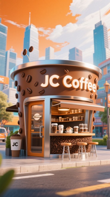 一座活力感的杯子型建筑，门头写着 “JC Coffee”，通体采用棕色塑胶与金属材质，搭配咖啡豆装饰。店内咖啡吧台，店内陈列咖啡豆、咖啡杯、拉花杯、；背景是动感的运动都市天际线，橙白晴空。预览效果