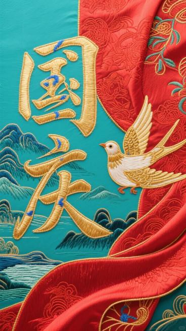 国潮风格庆祝国庆主题，主体为“国庆”二字（采用金色刺绣质感，带有精致花纹纹理，部分笔画辅以蓝色刺绣点缀），搭配两只姿态灵动的金色和平鸽（翅膀有金属光泽与细腻羽毛细节）；背景是带有华丽织物纹理与自然褶皱预览效果