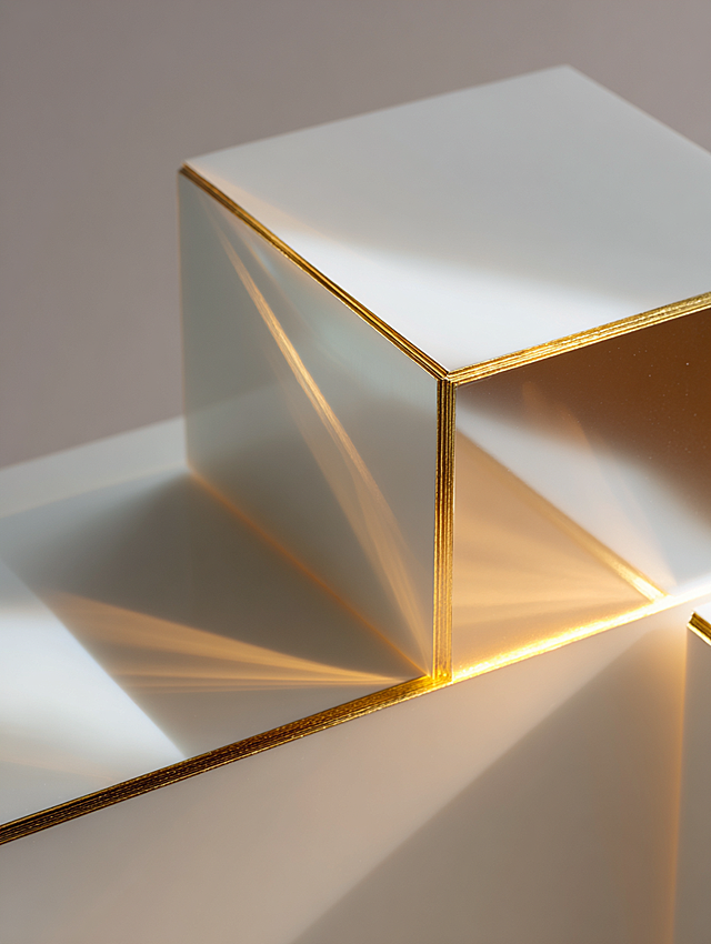 Polished geometric surfaces reflecting morning light, beveled prisms curved planes chamfered cubes, matte ceramic and metal composite material, precise calculated light reflection patterns on surfaces, thin gold lines tracing edges, soft morning top light with slight side lighting, evenly distributed illumination, warm golden reflection highlights, pure white with warm grey undertone background, minimal shadows to emphasize forms, material study art, surface treatment aesthetics, minimalist product design, digital fabrication texture, precision engineering visual --ar 3:4 --style raw --v 7 --s 200 --no handcrafted rustic aged irregular