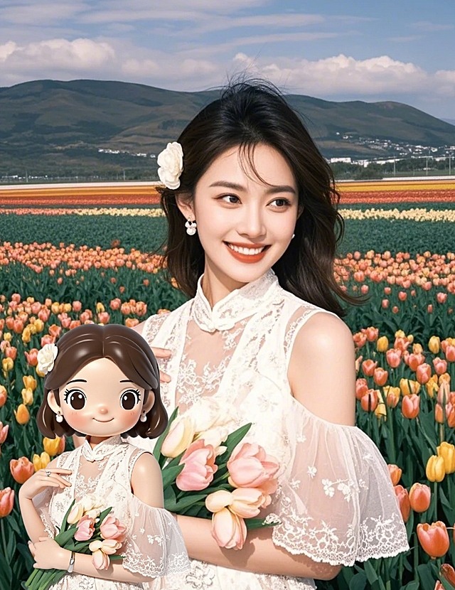 清新甜美实景感，卡通拟人风融合，花海中绽放动漫魅力。