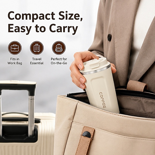 展示保温杯放在通勤包或行李箱里的便携场景，配全英文文案"Compact Size, Easy to Carry"，1:1比例，跨境亚马逊主图风格，简洁干净