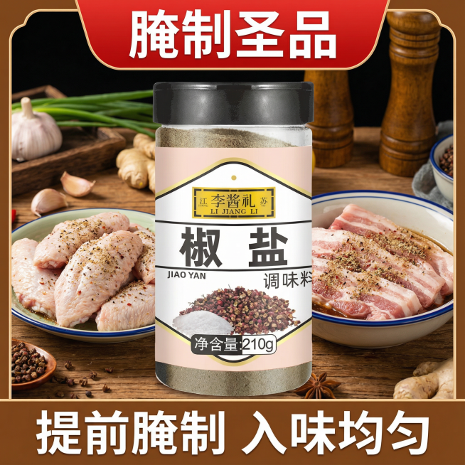 这张图片中的产品是椒盐调味料，我在拼多多卖这款产品，请帮我设计20张拼多多主图
主图文案要求：配料干净，咸淡适中，净含量210g，做菜口感味道好，烧烤撒料，火锅蘸料，油炸搭档，粉质细腻，海鲜/干锅/炒预览效果
