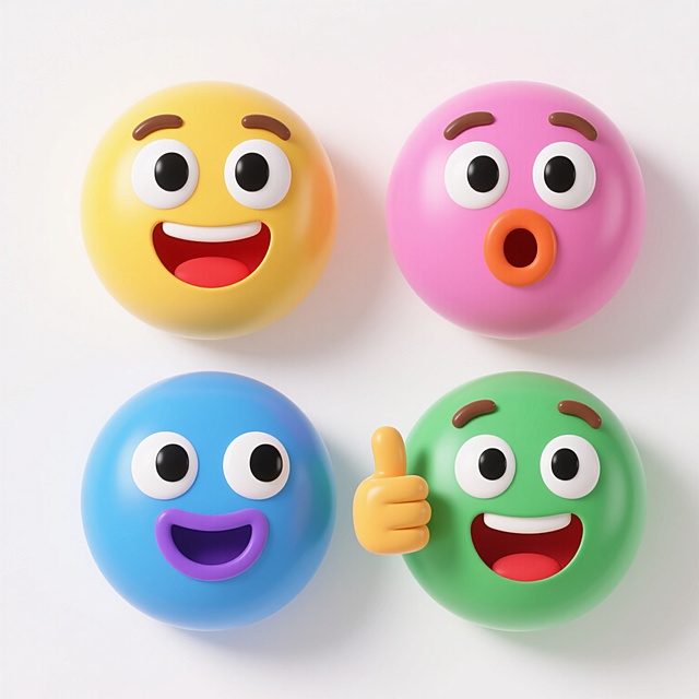 白色背景上，四个不同造型的3D卡通风格表情符号系列集合，保持圆润立体造型、光滑材质、柔和高光和阴影效果的统一风格，每个表情符号均有睁大的黑色眼睛、白色眼白、棕色眉毛、张开的嘴巴和竖起的大拇指，第一个为黄色主体配红色嘴巴，第二个为蓝色主体配紫色嘴巴，第三个为粉色主体配橙色嘴巴，第四个为绿色主体配红色嘴巴，表情从左到右依次为惊讶、开心、得意、兴奋，规整排列成两行两列，整体色彩鲜明活泼，视觉层次清晰，适合作为系列素材使用。