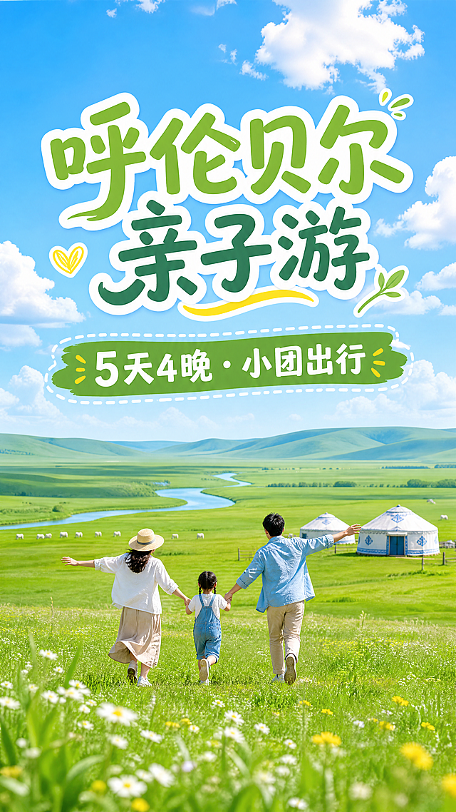 小红书攻略封面图，主标题文字是"呼伦贝尔亲子游"，副标题文字是"5天4晚·小团出行"，背景是呼伦贝尔大草原，蓝天白云，绿色草地，小清新风格，适合亲子旅行，所有文字内容只使用用户给出的这两个标题，版式清晰，适合手机竖屏展示