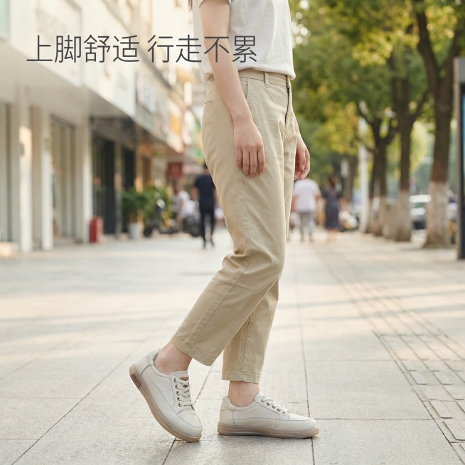 [主图主题]头层牛皮女士休闲鞋上脚效果
[氛围/风格]日常休闲街景风格，自然柔和日光，松弛舒适感
[画面元素]一位亚洲年轻女生，日常穿搭浅卡其色休闲裤+浅色简约T恤，自然站立在干净的人行道上，侧身展示预览效果