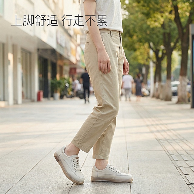 [主图主题]头层牛皮女士休闲鞋上脚效果
[氛围/风格]日常休闲街景风格，自然柔和日光，松弛舒适感
[画面元素]一位亚洲年轻女生，日常穿搭浅卡其色休闲裤+浅色简约T恤，自然站立在干净的人行道上，侧身展示脚上的米白色头层牛皮休闲鞋，鞋子颜色款式和参考图一致，姿态自然，背景虚化突出鞋子，光线自然柔和。左上角添加小字卖点，不遮挡鞋子和模特面部。
[配色色系]主色调：鞋子米白，整体低饱和浅色系，清新自然
[视角构图]中景平视，模特膝盖以上构图，鞋子作为视觉焦点位于画面中下部
[文字版式]左上角文字"上脚舒适 行走不累"，字体为纤细无衬线体，深灰色，悬浮不遮挡主体，保持画面通透感
[比例分辨率]2k分辨率，正方形尺寸