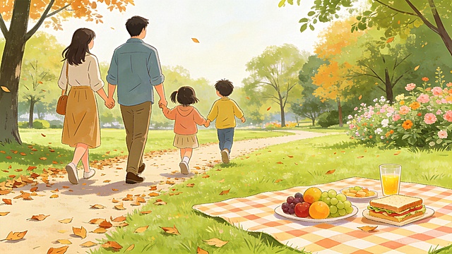 一家人在公园进行户外散步野餐的温馨场景，手绘插画风，画面干净温馨，不包含任何文字，风格明快温暖