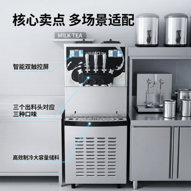 原图为商用三头冰激凌机，展示产品核心卖点：多场景适配优势。画面主体为冰激凌机，使用极细科技感引线标注机身核心部件并标注功能：三个出料头对应三种口味、智能双触控屏操作便捷、高效制冷大容量储料。引线末端带预览效果