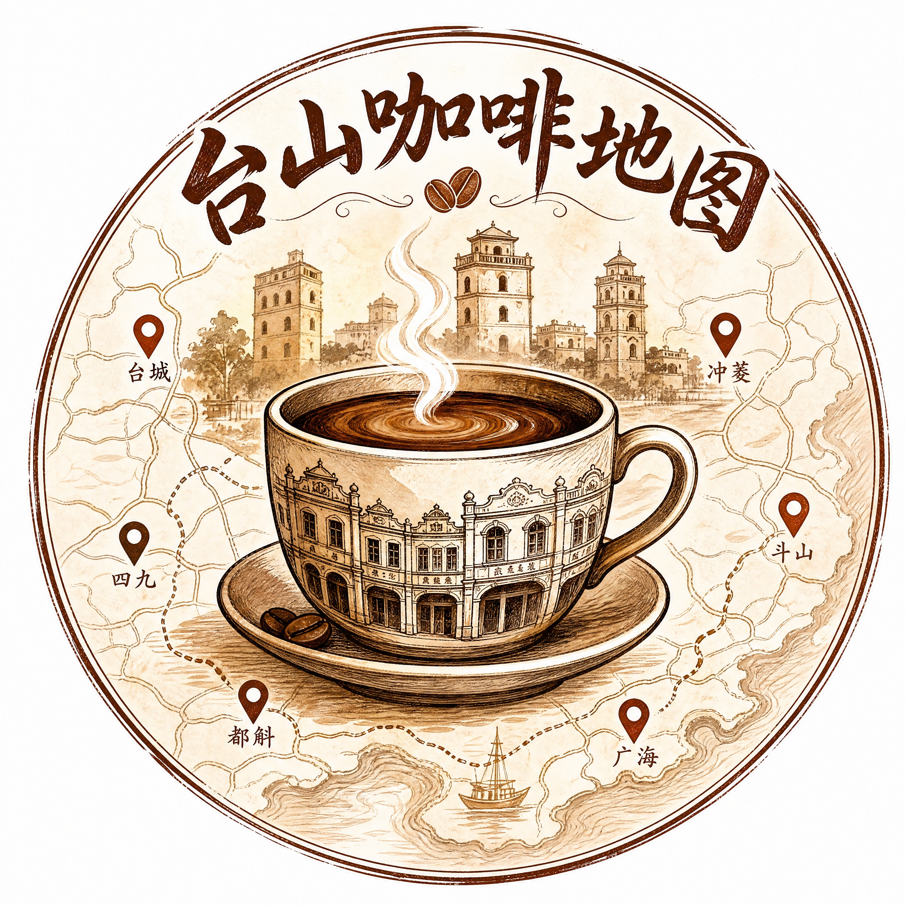 台山咖啡地图logo设计，复古手绘风格，暖棕咖色系。画面中心是… - 图片创意预览