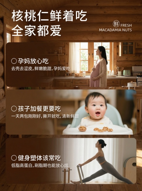 参考这张图片，生成一张类似的核桃仁适合全人群食用宣传图，换一个真实且风格不同的全新背景，不要和原图浅白背景相似，保留排版结构、所有文案内容和分块场景展示，整体尺寸750x1000预览效果