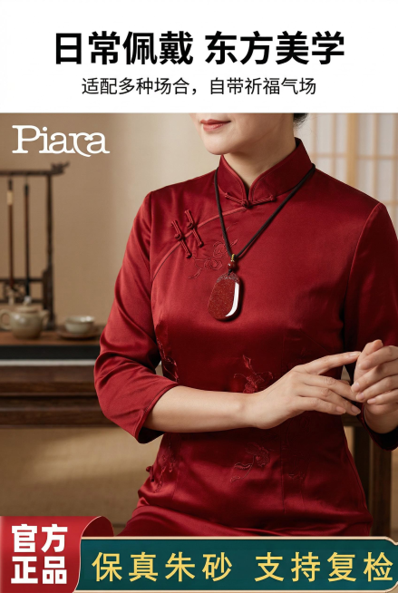 2:3竖版，杂志级精致排版，严格还原上传的产品图，包括包装设计、颜色、LOGO位置、文字内容、图案元素等所有细节，产品与场景比例1:1协调。展示成人模特日常穿搭佩戴效果（搭配红色新中式服饰），吊坠自然预览效果