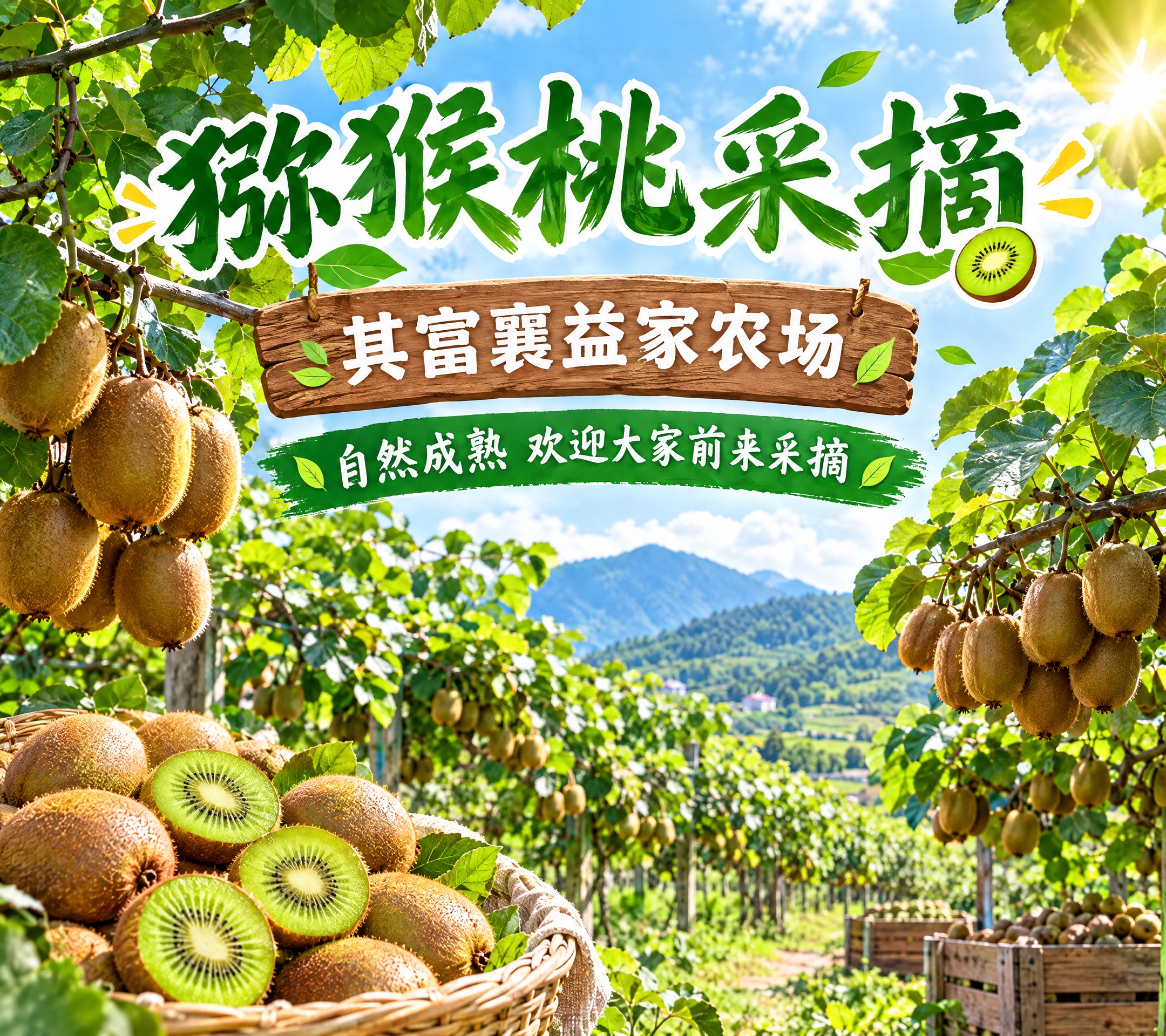 猕猴桃采摘主题海报，横版构图，其富襄益家农场，成熟的猕猴桃挂满… - 图片创意预览