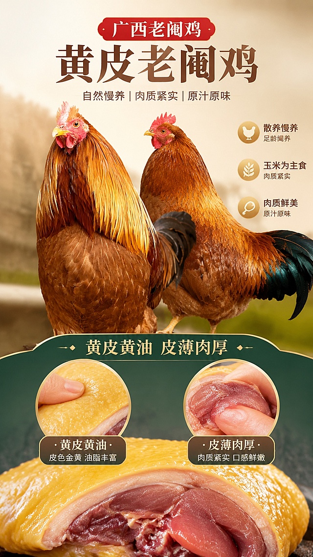 使用商品详情页技能根据商品图「图片1」「图片1」「图片1」「图片1」「图片1」「图片1」「图片1」「图片1」生成详情页，参考图为，商品名称为广西老阉鸡，卖点为羽毛光亮，黄皮黄油，皮薄肉厚，肉质紧实，香甜可口，适配平台为抖音/快手，图片比例为9:16，需求屏数为8张，宰杀好发货，真空包装，顺丰冷链送货上门