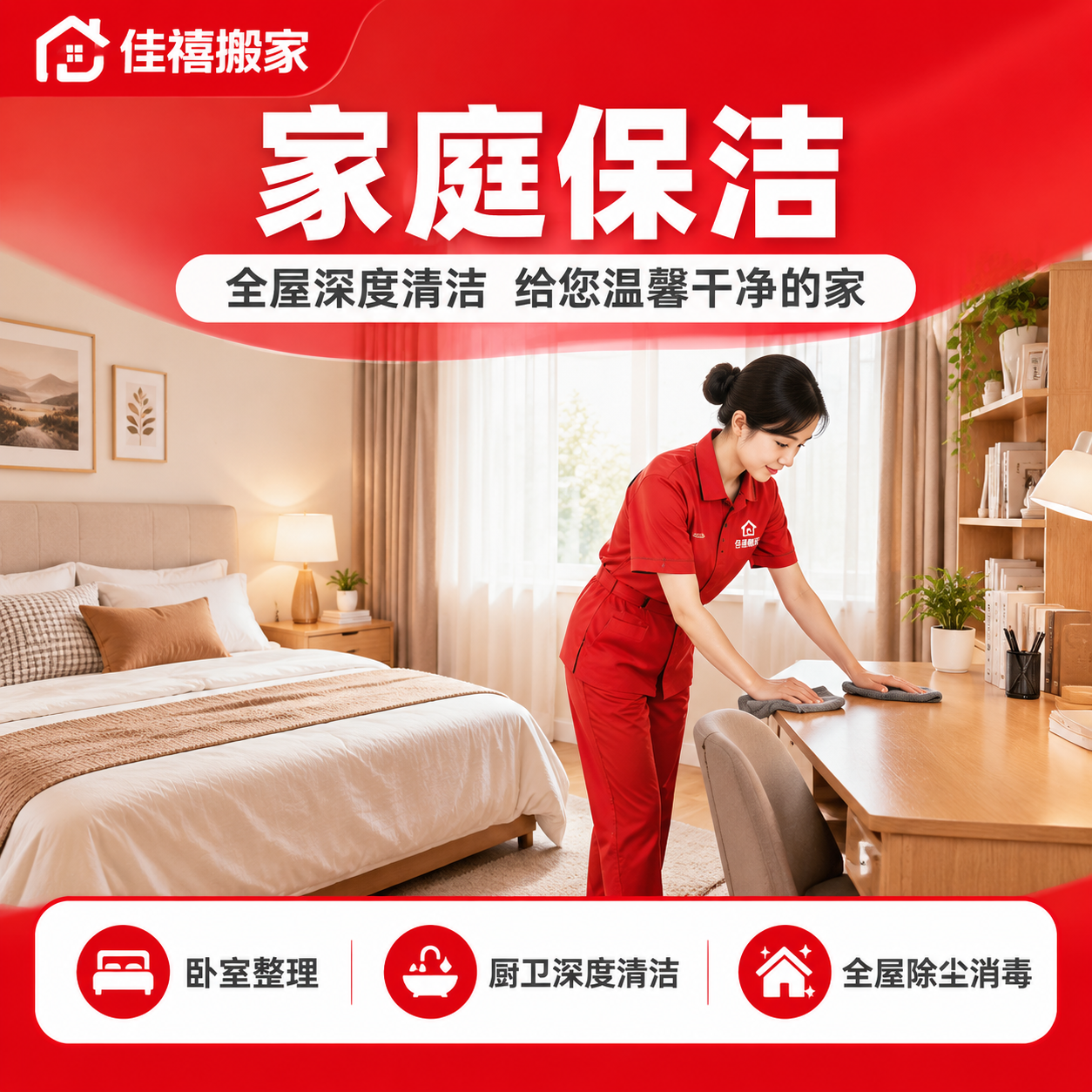 [主图-6] 家庭保洁服务主题图方形版，佳禧搬家品牌红色系家政… - 图片创意预览