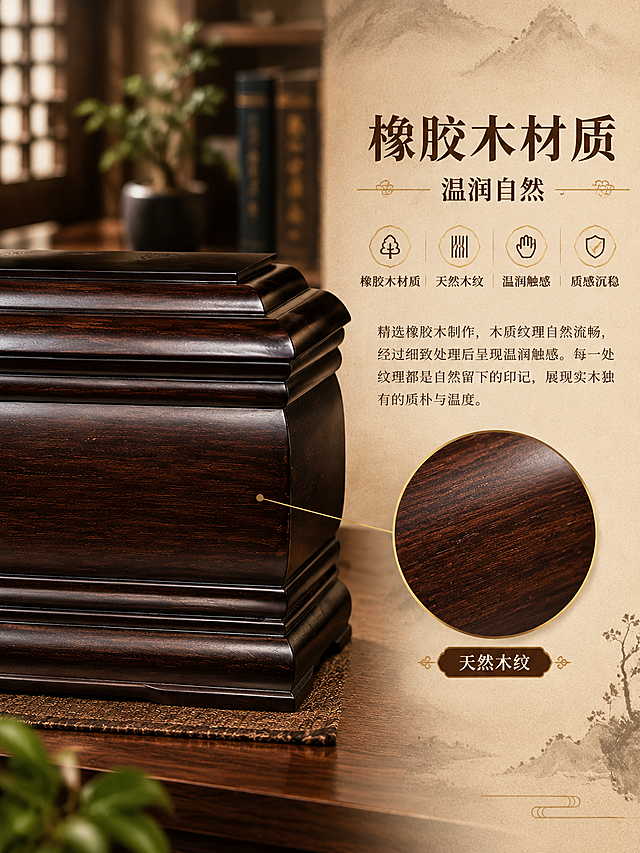 [商品] 使用【图1】金兰居橡胶木骨灰盒正面图；商品处理：保留盒体结构、深棕木质颜色、橡胶木天然纹理、顶部造型、线条层次，产品不变形不变色，重点突出木材天然纹理与温润质感。
[画面] 页面目标：材质展示，呈现橡胶木天然木纹与温润自然的质感。构图：左侧产品特写 + 右侧材质说明。主体位置：画面左侧，产品局部特写占画面约50%。摆放角度：正面微侧，重点展示盒身侧面木纹肌理。景别：中近景局部特写。阅读动线：从左至右，先看木纹细节，再读材质卖点。前中后景：前景为盒身木纹特写（清晰展现天然纹理走向），中景为盒体主体，背景为虚化的暖棕色木纹延展与中式书房元素。
[视觉] 套系策略：风格=新中式东方禅意商业摄影；标题字=宋体衬线粗体（传统书法感）；正文字=简洁宋体；主色=深棕木色；背景延展=基于深棕木色做暖米、浅棕、深褐的同色系深浅层级，搭配宣纸质感、木纹肌理、水墨晕染；强调色=暗金色，仅用于小面积标题点缀、图标、引线和装饰纹样；标题色=深褐近黑；正文色=暖棕灰；组件=圆角深棕信息卡、细金线引线、木纹放大示意框；光影=左侧45度暖柔光，突出木材纹理立体感与温润触感。
[文字] 右侧文字区主标题"橡胶木材质"，副标题"温润自然"，下方4个卖点关键词："橡胶木材质""天然木纹""温润触感""质感沉稳"，再下方配文"精选橡胶木制作，木质纹理自然流畅，经过细致处理后呈现温润触感。每一处纹理都是自然留下的印记，展现实木独有的质朴与温度。"文字横向排版。左侧木纹特写处加放大镜效果示意框，标注"天然木纹"。
[规格] 图片比例3:4竖版，resolution=2K，避免变形、变色、错字、文字过小、冷蓝背景、木纹失真、塑料感。