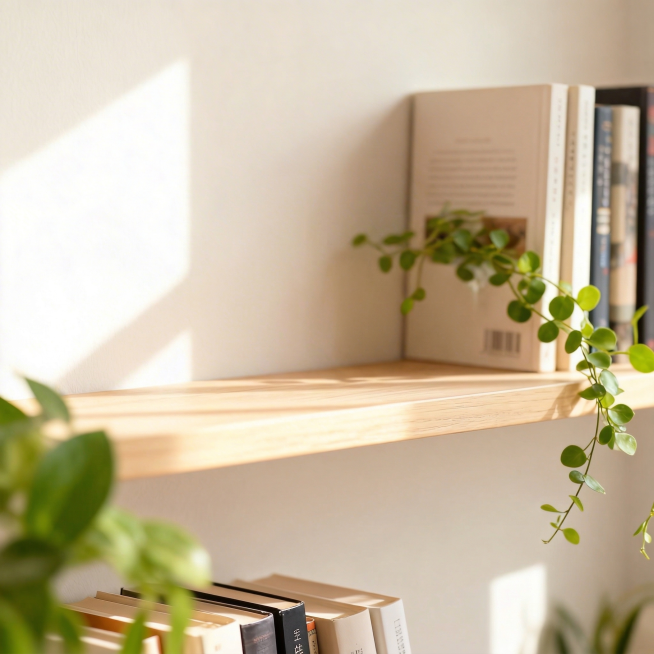 移除图中木架上的两只木鸭摆件，保持原木色置物架、背景墙面、书籍和绿植不变，保持整体光影和风格与原图一致预览效果