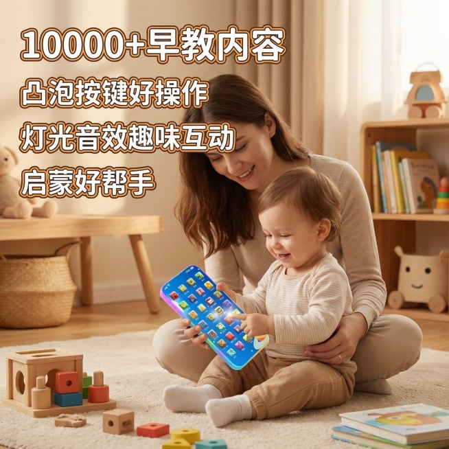 设计一版主图，背景为儿童房背景，一个妈妈陪着一个宝宝在玩耍，宝宝手里拿着图中的手机早教机，早教机主体不变，增加电商卖点预览效果