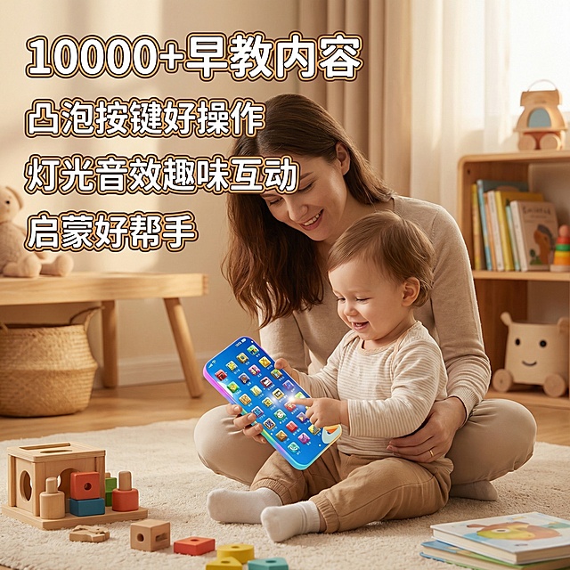 设计一版主图，背景为儿童房背景，一个妈妈陪着一个宝宝在玩耍，宝宝手里拿着图中的手机早教机，早教机主体不变，增加电商卖点