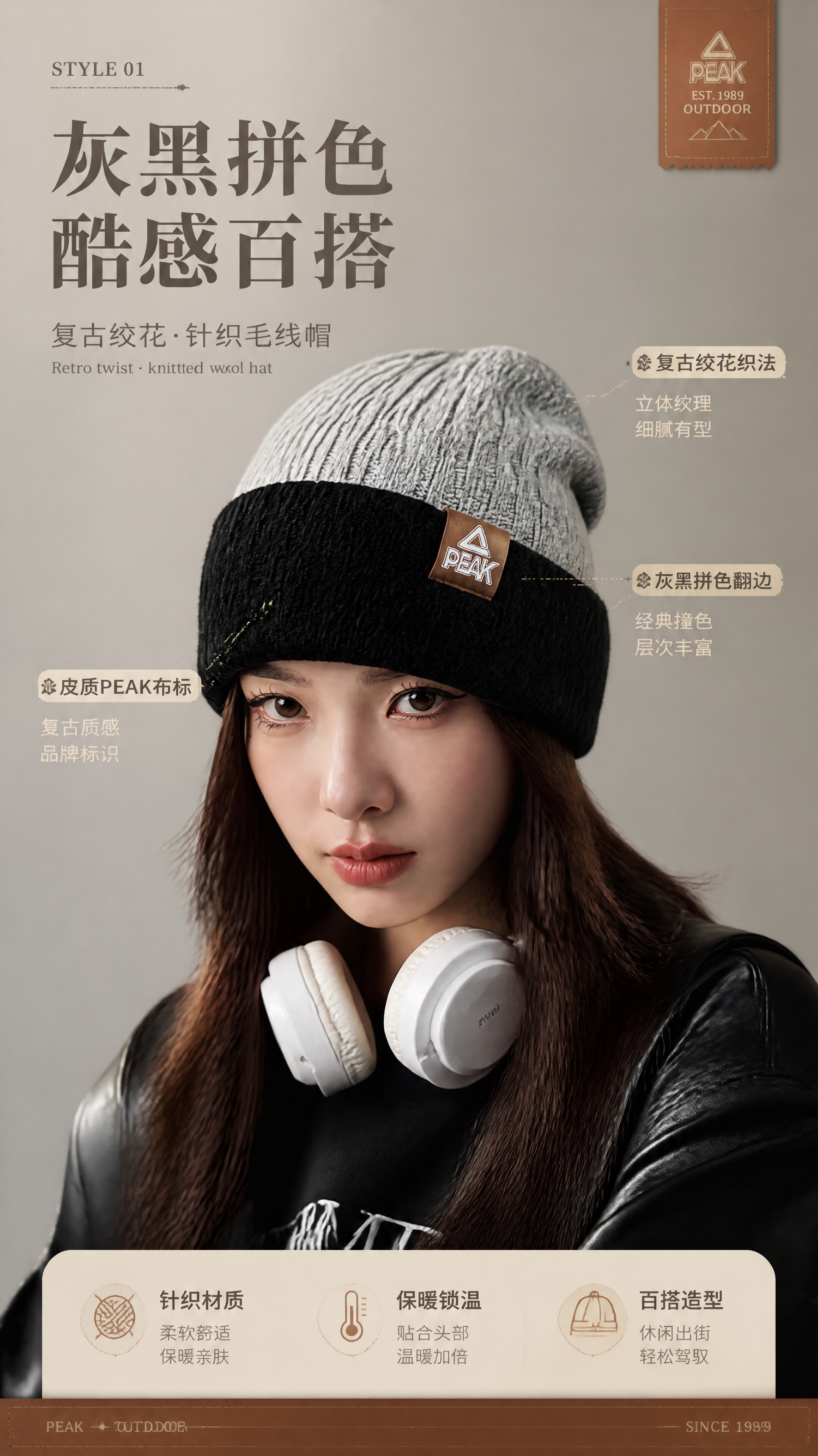 [商品] 使用【图5】灰黑拼色针织帽佩戴侧面；商品处理：保留复… - 图片创意预览