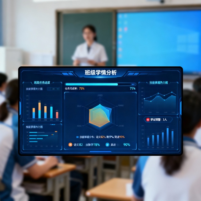 为教师与管理者提供实时数据看板，一屏总览任务进度、技能掌握热力图、学业预警，让教学管理从“经验驱动”迈向“数据驱动”。
（图示：教师后台数据看板，展示班级进度与学情分析图表）预览效果