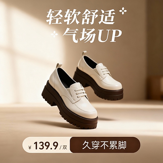 3D重拟物风格呈现皮质风鞋履，简约主义设计融合舒适感与时尚感，潮流感十足，轻盈悬浮视觉强化气场UP体验。