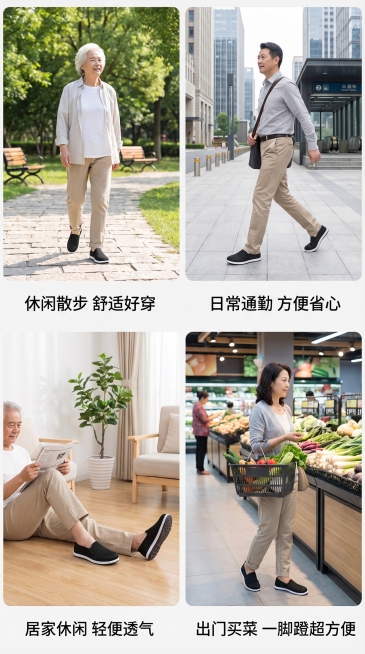 [场景应用展示模块] 电商详情页场景应用竖版模块，黑色网面老北京布鞋
[风格] 简约干净，真实自然接地气，适合中老年人群，主色调黑+白+浅木色
[画质] 真实自然高清，增强代入感
[排版] 2行2格四预览效果