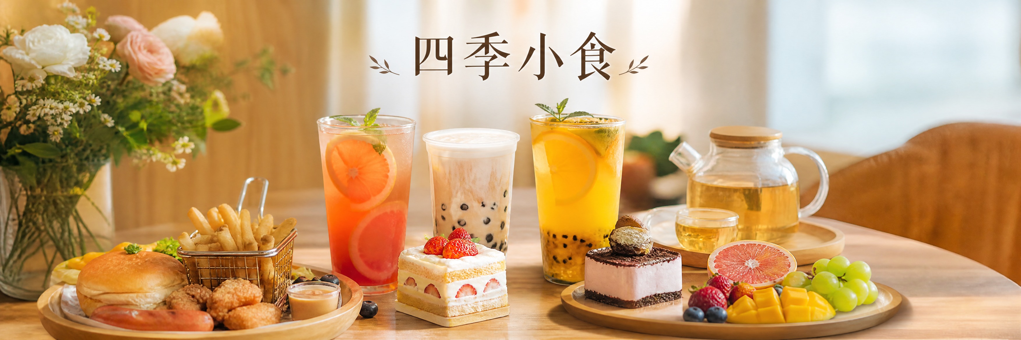 饮品店海报设计，店名"四季小食"，真实摄影风格，横版长构图，画… - 图片创意预览