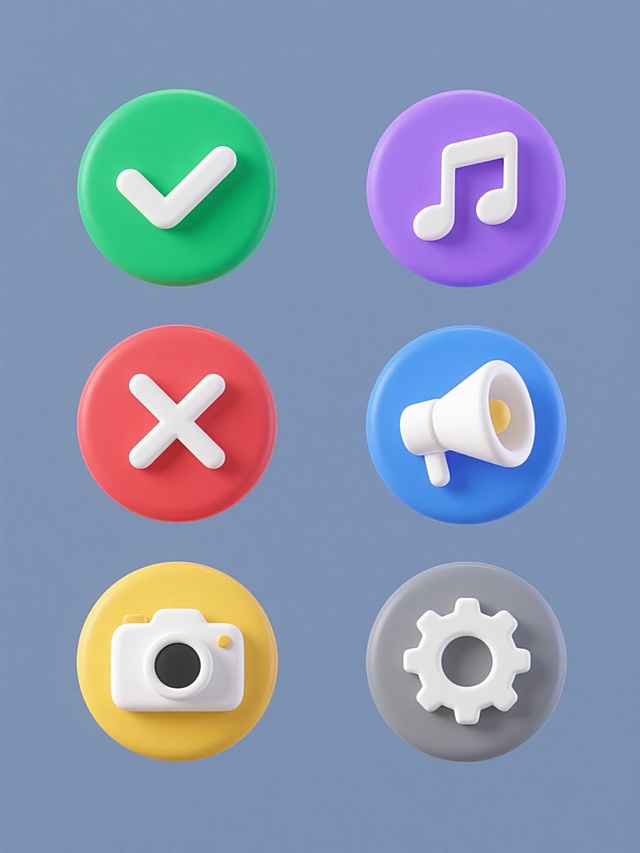 纯色背景，软3D风格图标系列，包含6个不同元素内容：绿色圆形带白色对勾的正确图标、红色圆形带白色叉号的错误图标、紫色圆形带白色音符的音乐图标、蓝色圆形带白色喇叭的喇叭图标、黄色圆形带白色相机的拍照图标、灰色圆形带白色齿轮的设置图标，图标规整排布，每个图标均为圆形底色，内部为白色简洁符号，整体色彩变换丰富，保持统一的软3D质感和设计风格，视觉层级清晰，信息传达高效。