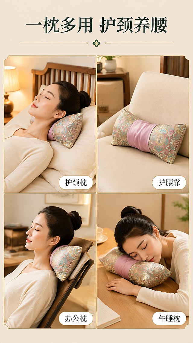 [第5屏] 一枕多用场景展示页-护颈/护腰/靠垫多用途。本屏使用【图2】产品多场景摆放。
[氛围/风格] 新中式生活场景风，多场景拼图，温馨居家氛围，展示产品多功能性。
[元素布局] 画面采用2x2四宫格拼图，每格一个使用场景：1. 床头枕卧护颈场景；2. 沙发靠垫护腰场景；3. 办公椅颈枕场景；4. 午睡趴枕场景；每格中都有骨头枕产品，角度各不同；四格之间有细金线分隔；顶部有标题区。产品外观与输入图一致。
[光影质感] 每个场景都有自然柔和的室内光线，温暖舒适，产品在各场景中清晰可辨。
[配色色系] 全局底色 #F5E6D3（暖米杏）；各场景以暖调为主，墨绿标题点缀。
[视角构图] 四宫格拼图布局，阅读动线从左上到右下。
[文字版式] 顶部主标题「一枕多用 护颈养腰」，墨绿宋体加粗；每格右下角有小标签：「护颈枕」「护腰靠」「办公枕」「午睡枕」，白底墨绿字圆角标签。
[比例分辨率] 9:16竖版比例，4K分辨率，文字清晰可辨。
[负向提示词] 产品变形，场景杂乱，人物不自然，水印，文字错乱，颜色偏差。