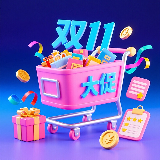 一个装满商品的粉色购物车（车身写着蓝字“双11大促”），周围环绕金币、彩色丝带、礼盒、评分卡片等元素，背景为深蓝色霓虹灯渐变，促销氛围