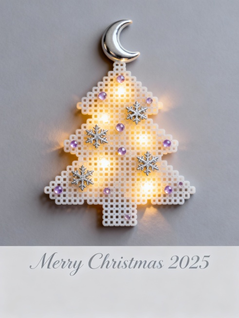 画面居中，拼豆手工镂空圣诞树，内部嵌暖黄LED灯效（模拟发光感），表面缀银色小雪花片与浅紫水晶珠，顶部是银釉月亮造型，纯马卡龙灰背景。画面下方优雅极细手写体的文字“Merry Christmas 20预览效果