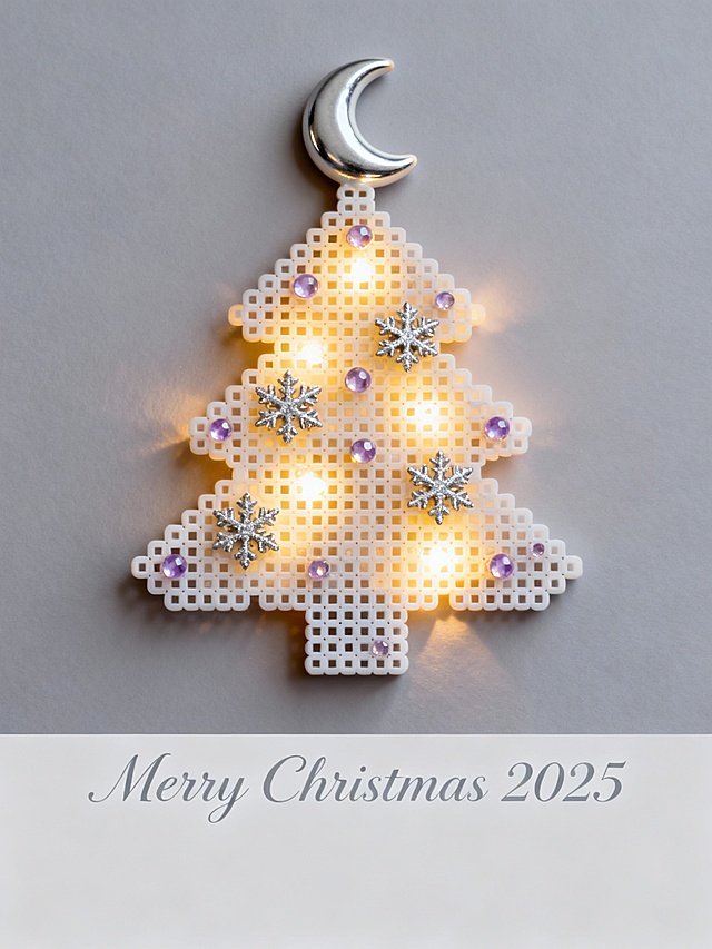 像素风圣诞树搭配金属月牙与晶莹雪花，暖光透出梦幻温馨感，轻拟物设计融合塑料质感，呈现2025年节日新美学。