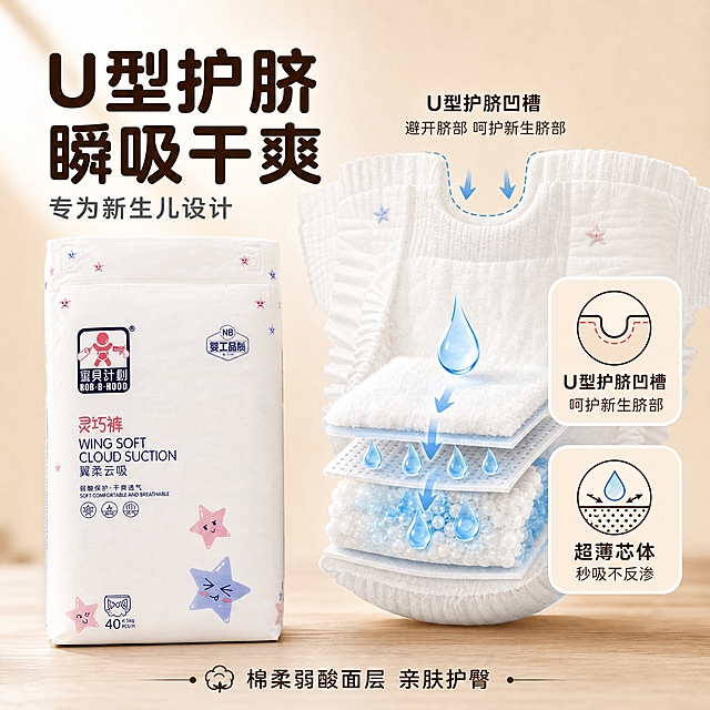 [主图-2] 宝贝计划翼柔云吸 NB 纸尿裤 核心功能机理图 主题 U型护脐 瞬吸干爽 功能可视化
[统一基调] 延续首图温馨母婴视觉 奶油白 浅米 原木色主色 浅粉浅蓝辅助色 圆润无衬线黑体 圆角卡片 柔和自然光
[画面] 画面中央偏左放置 1 包宝贝计划翼柔云吸 NB 纸尿裤 包装外观与输入产品图完全一致 白色包装 宝贝计划 Logo 灵巧裤翼柔云吸字样 星星图案 包装右侧放大展示一片纸尿裤的上半部分剖面 清晰呈现 U 型护脐凹槽结构 凹槽处用淡蓝色弧线和箭头标注 示意避开新生儿脐部 下方用流线型水滴动画展示液体快速下渗被芯体吸收的过程 水滴从面层落下 穿过透气层 被锁水珠牢牢锁住 面层保持干爽 背景为浅米色渐变 底部有柔和的原木台面 产品占画面约 50% 左侧放主标题 右侧放功能机理示意
[光影质感] 柔和顶光 产品自然阴影 剖面结构清晰 材质真实 棉柔面层有细腻纤维质感 芯体层有颗粒感 整体干净通透
[配色] 主色奶油白浅米 功能示意用清透蓝表现吸收 浅粉点缀 字体深棕色 与首图一致
[文字版式] 左上主标题 分两行 U型护脐 瞬吸干爽 深棕色粗体 主标题下方小字 专为新生儿设计 右侧上下两个圆角浅米色卡片 分别配图标和文案 U型护脐凹槽 呵护新生脐部 超薄芯体 秒吸不反渗 底部一行小字 棉柔弱酸面层 亲肤护臀
[输出要求] 1:1 2K 文字清晰 产品清晰 不变形 无错字 无水印 无平台 Logo