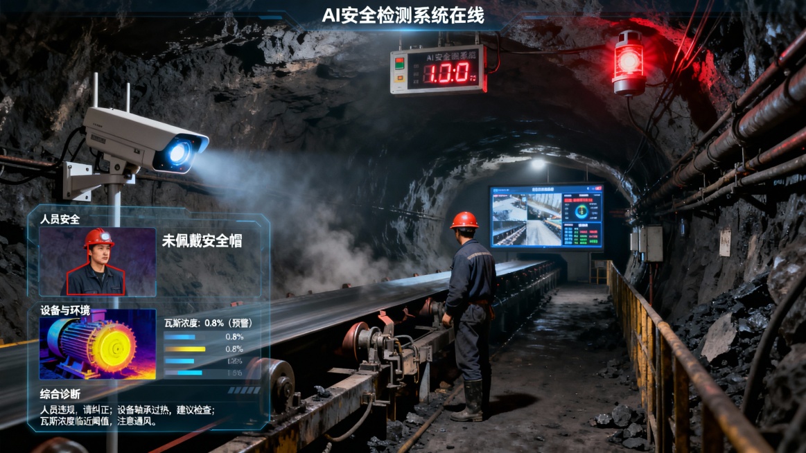 煤矿井下主运输巷，环境昏暗粗砺，空气中漂浮着煤尘。一名矿工未佩戴安全帽，正靠近运行的皮带机；同时，巷道顶部的瓦斯传感器旁，其数值显示屏正闪烁微光，显示浓度接近预警阈值。

一台防爆AI摄像机安装在侧方预览效果