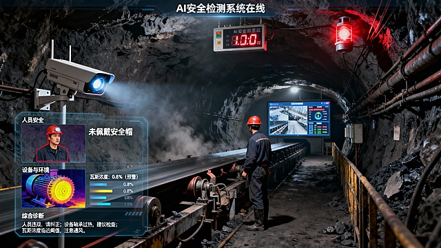 煤矿井下主运输巷，环境昏暗粗砺，空气中漂浮着煤尘。一名矿工未佩戴安全帽，正靠近运行的皮带机；同时，巷道顶部的瓦斯传感器旁，其数值显示屏正闪烁微光，显示浓度接近预警阈值。

一台防爆AI摄像机安装在侧方支架上，镜头发出的微光表明正在进行多模式扫描。摄像机侧方悬浮着一个集成的半透明分析面板，面板分三个区域同步显示识别结果：

人员安全：动态红框锁定矿工，旁注“未佩戴安全帽”。

设备与环境：通过热成像叠加，驱动电机轴承处呈现局部黄色高温区；另一数据栏显示“瓦斯浓度：0.8%（预警）”。

综合诊断：面板底部给出建议：“人员违规，请纠正；设备轴承过热，建议检查；瓦斯浓度临近阈值，注意通风”。

面板顶部显示“AI安全检测系统在线”。该区域的声光报警器已被触发，发出旋转红光。同时，在巷道深处的监控站内，大屏正同步显示上述所有预警信息、实时画面及联动通风系统的启动状态。

整体画面在真实、厚重的井下环境中，通过多源感知、实时数据融合与即时联动，生动诠释了AI系统如何实现对人员行为、设备健康与气体环境的一体化、24小时智能监测与预警闭环。