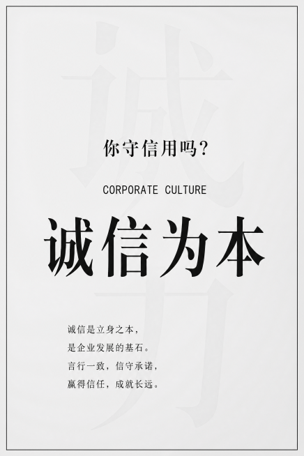 单独截取生成"诚信为本"企业文化海报，保持原图浅灰色简约风格，文字排版内容不变，宽1200像素，高1800像素，对应比例长1.2米宽1.8米预览效果