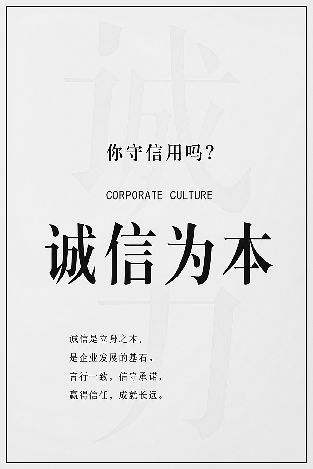 单独截取生成"诚信为本"企业文化海报，保持原图浅灰色简约风格，文字排版内容不变，宽1200像素，高1800像素，对应比例长1.2米宽1.8米