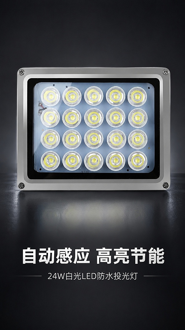 [第1屏] 详情页头图-自动感应LED投光灯产品宣传，本屏使用【图1】作为商品主体
[氛围/风格] 专业工业科技风，深色背景突出金属质感，商业摄影清晰质感
[元素布局] LED投光灯位于画面中心区域，占比约70%；下方预留主副标题区域，背景使用渐变深灰色增加质感，产品外观结构、灯珠排列、金属边框颜色与输入产品图保持一致
[光影质感] 正面柔光打光，边缘使用轮廓光勾勒，底部保留自然阴影，产品金属边框和透明灯珠质感清晰
[配色色系] 全局底色 #2A2A2E，主色深灰渐变，辅助色浅银灰色，白色文字
[视角构图] 正面平视视角，产品居中为绝对视觉中心，阅读动线从上到下自然流畅
[文字版式] 主标题「自动感应 高亮节能」，副标题「24W白光LED防水投光灯」，主标题加粗放大居下，副标题小字补充，文字不遮挡产品主体
[比例分辨率] 9:16 竖版比例，4K分辨率，文字清晰可辨，高清画质
[负向提示词] 产品变形，灯珠排列错乱，颜色偏差，水印，文字模糊，结构错误