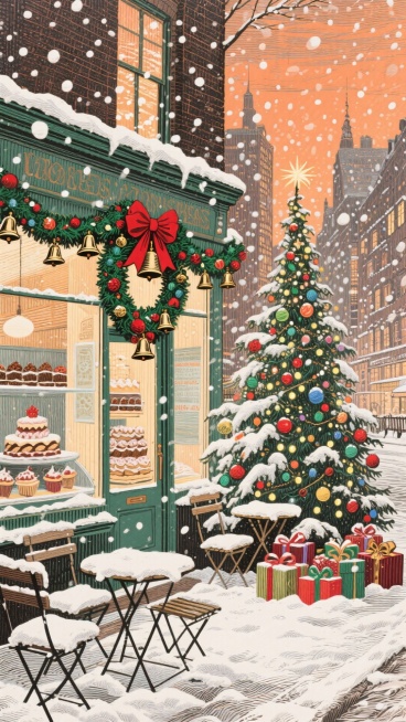 都市圣诞雪景，街角甜品店挂圣诞花环，积雪露天桌椅，圣诞树矗立，暖橙天空飘雪，色调温馨预览效果